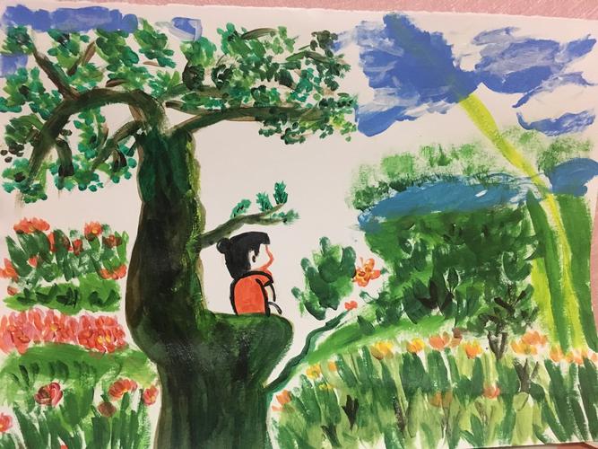 儿童蜡笔画歪树歪人看云作品