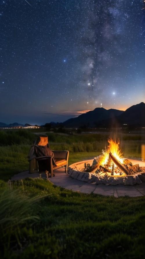 夜晚溪边帐篷篝火与星空