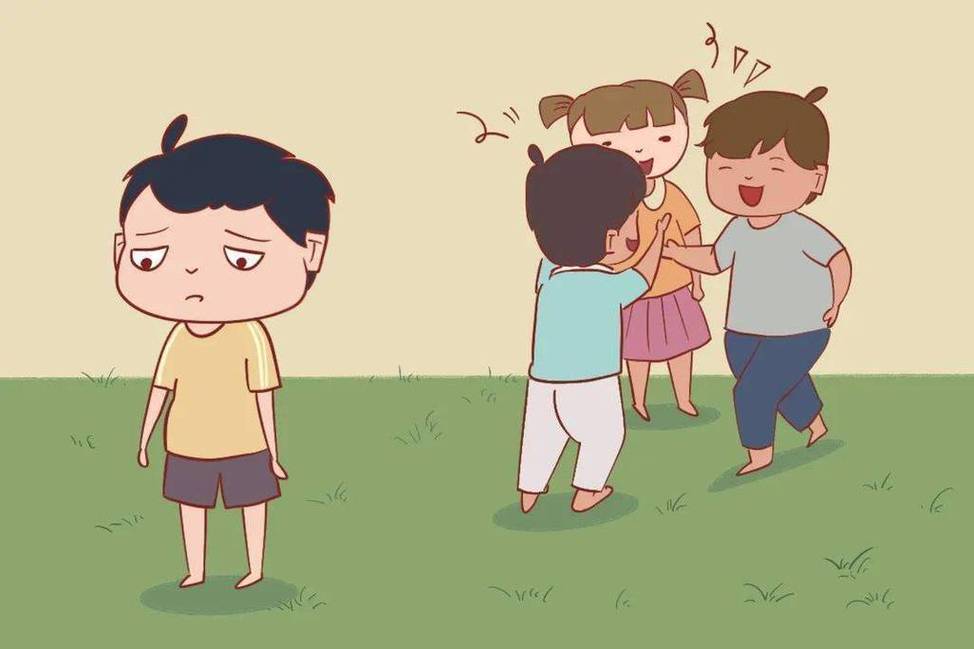 幼儿园里一个孩子低头被孤立场景