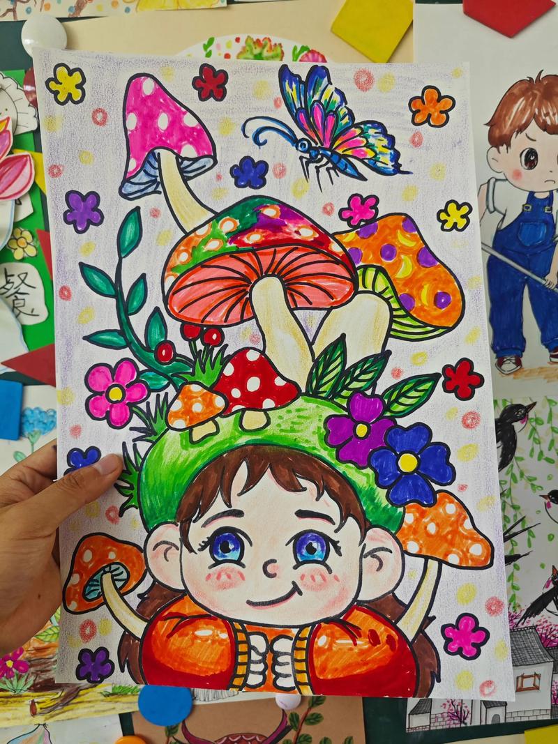 在线美术课上孩子展示自己的创意画作