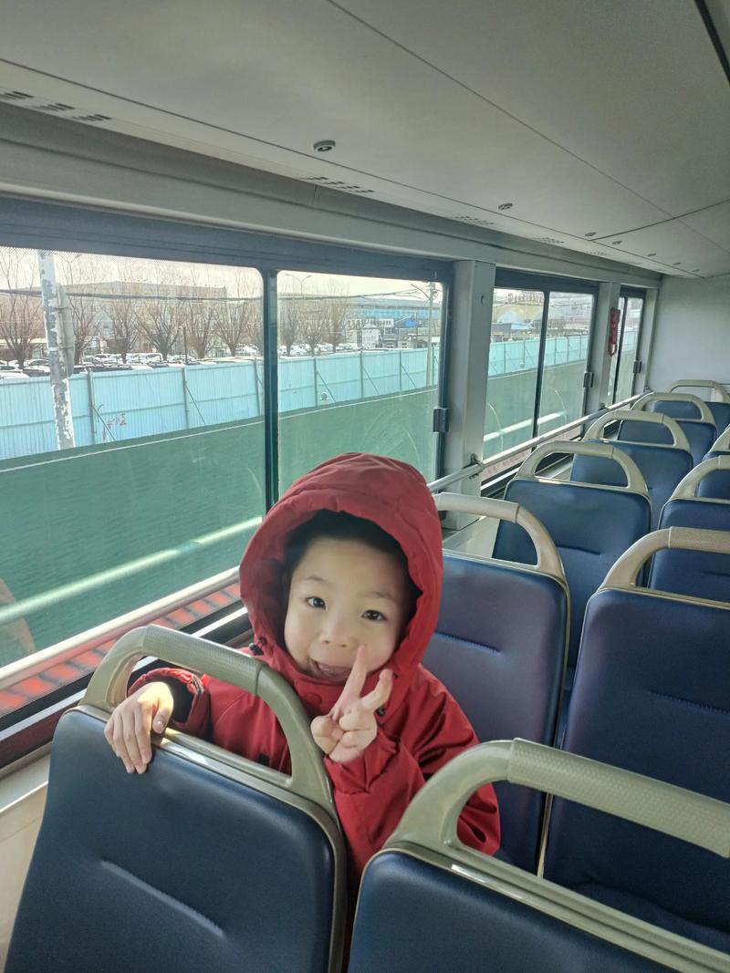 幼儿园小朋友指着双层巴士兴奋地说车背着个宝宝