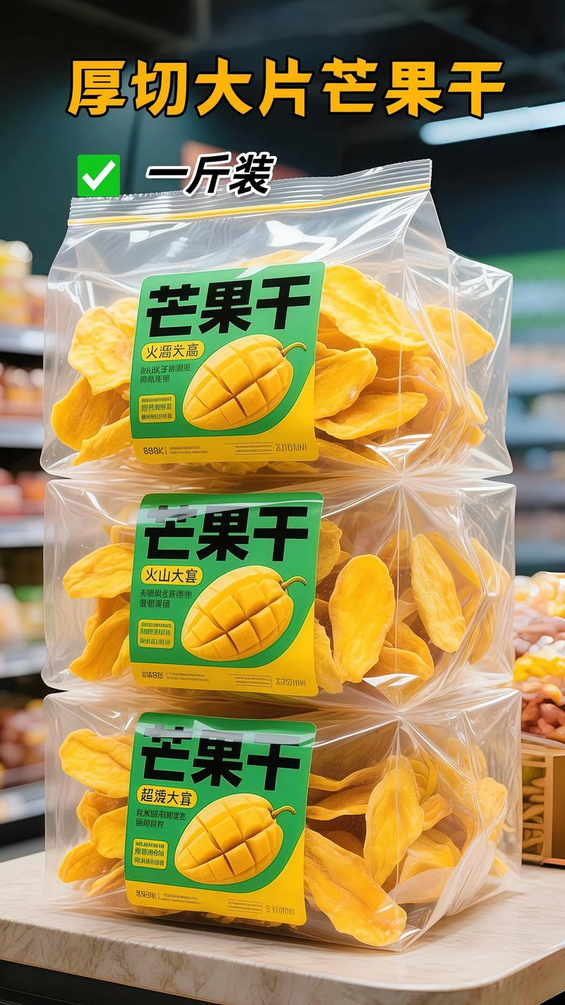 超市货架上的袋装加糖芒果干与无添加干果对比
