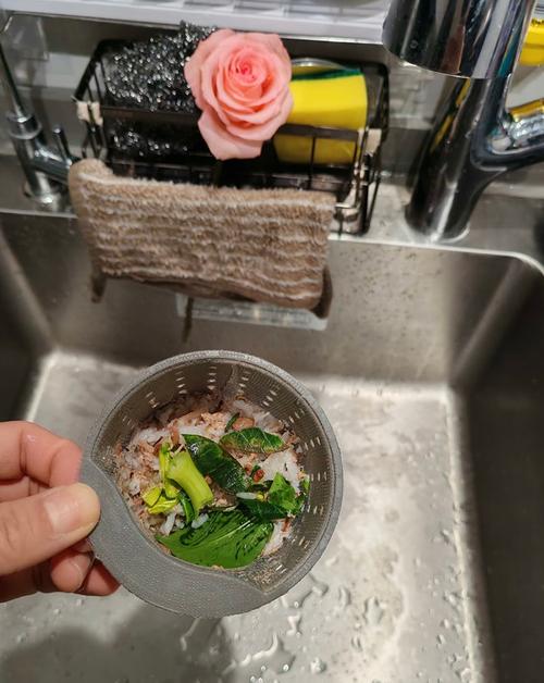 水槽下水口提篮卡着食物残渣的实拍图