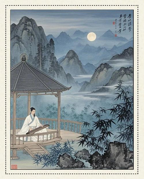 古代诗人月下吟诗写意画