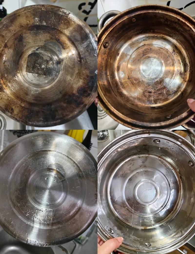 厨房被刮花腐蚀的不锈钢锅对比图