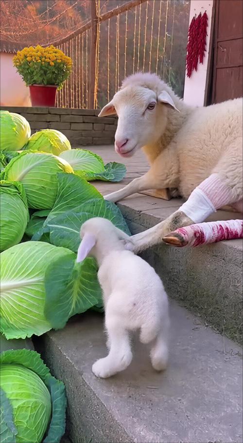 母羊给小羊羔哺乳的动物园实拍