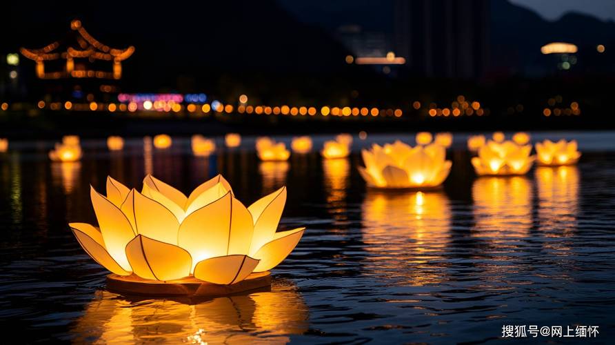 元宵节夜晚人们放河灯祈福场景