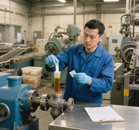 工程师在注塑机液压管路取样口采集在用润滑油样本