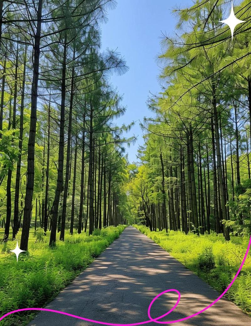 清晨植物园阳光穿过树林的小径
