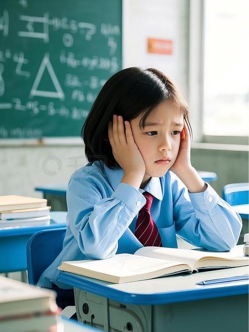 小女孩坐在书桌前愁眉苦脸写作业