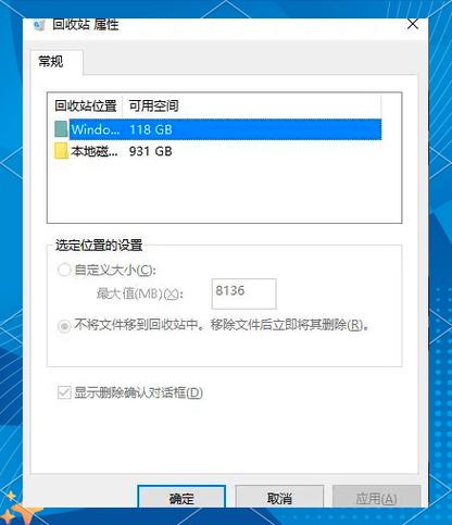 Windows系统电脑回收站属性分区界面