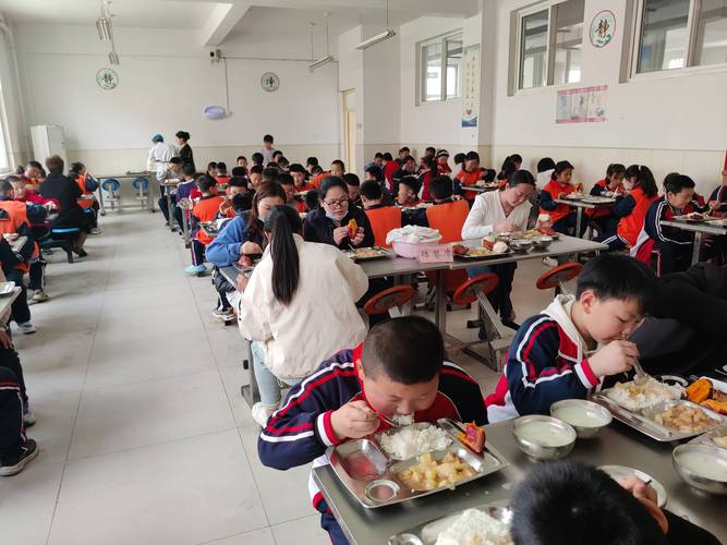 农村小学学生排队领取营养午餐