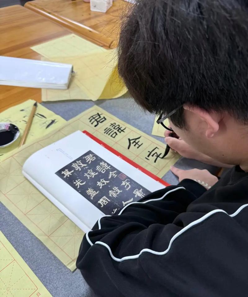 学生练习书法特长专注投入特写