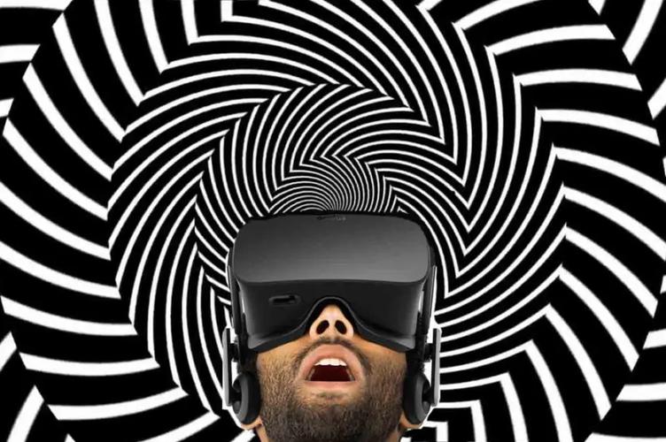 普通用户佩戴VR头显体验元宇宙虚拟场景时面露晕眩