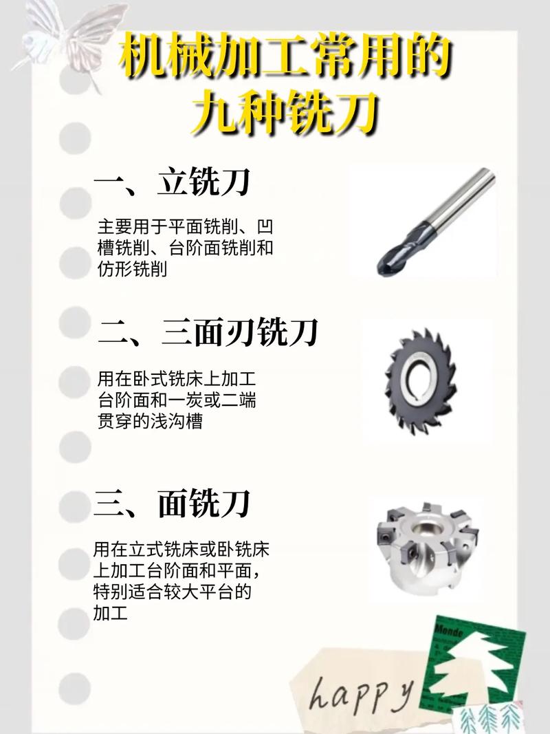各种类型铣刀实物对比图，立铣刀、面铣刀和球头铣刀