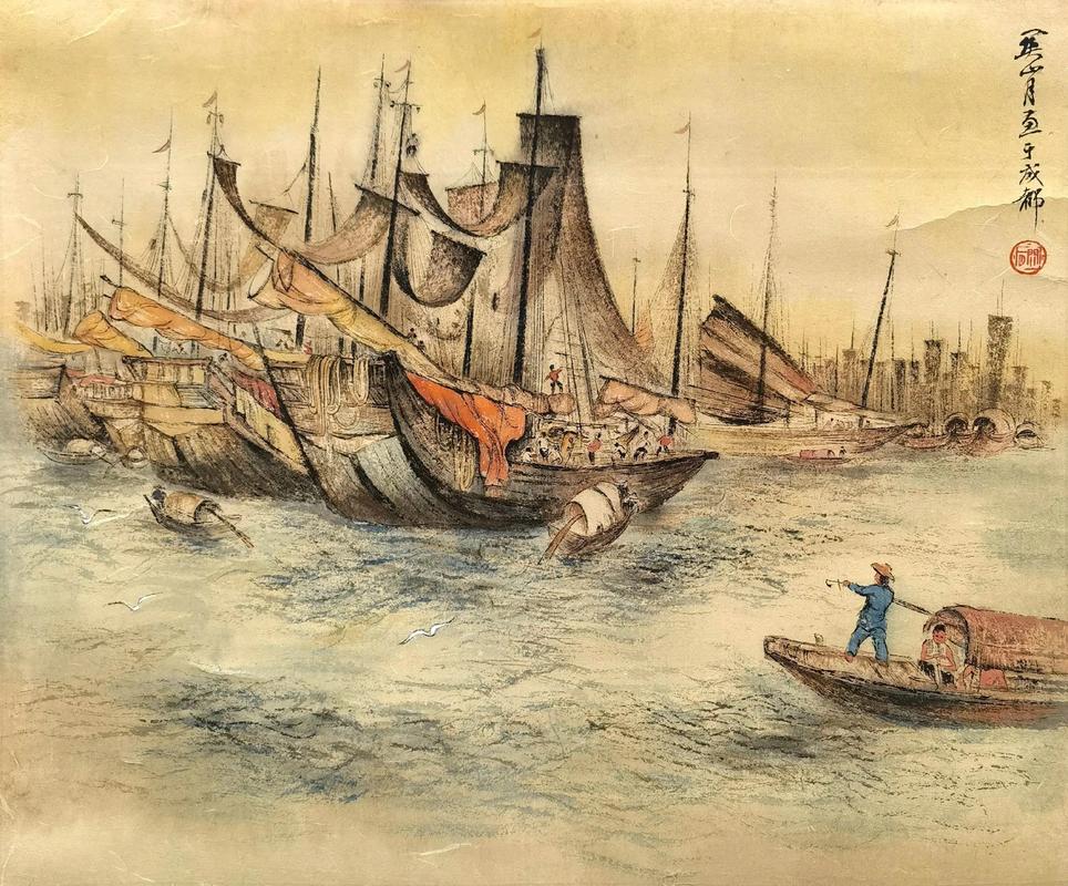 古老帆船运载黑胡椒的海上贸易场景绘画