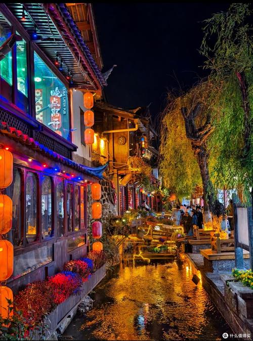 丽江古城夜晚红灯笼沿街水景