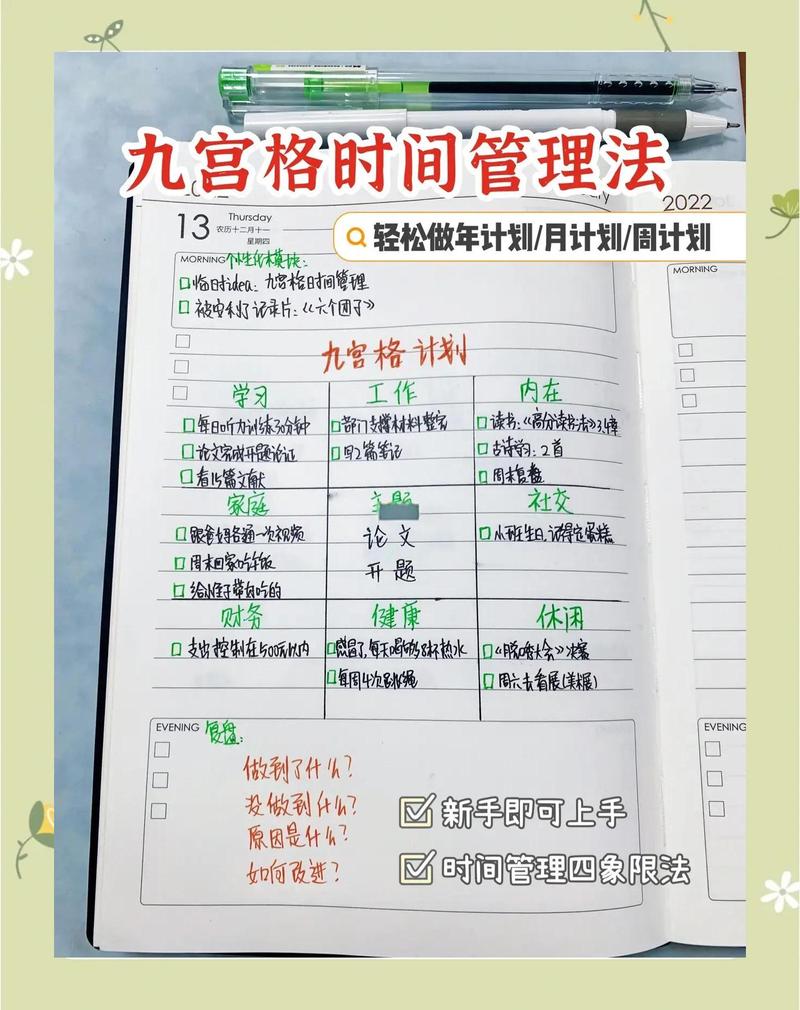 书桌上摊开的计划本，用红笔划掉已完成的任务，旁边计时器显示25分钟