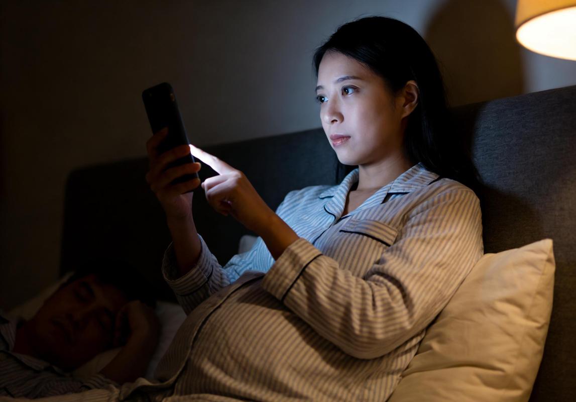 深夜床上看手机焦虑的母亲