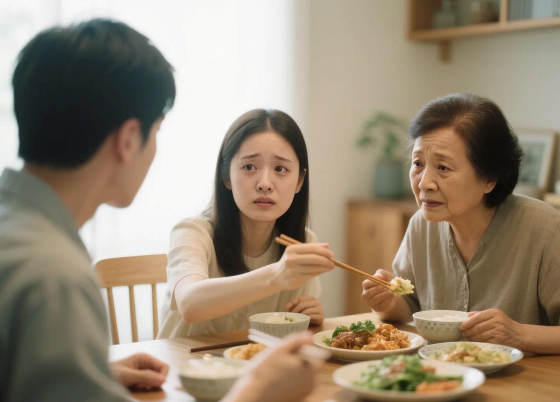 家庭聚餐桌上妈妈指责老人给孩子夹菜的瞬间