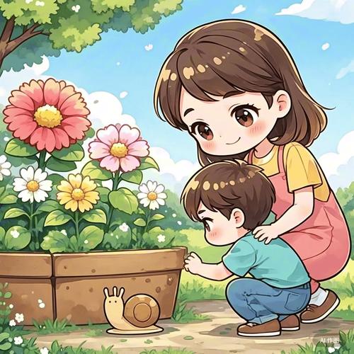 小男孩蹲阳台观察蜗牛手绘亲子场景