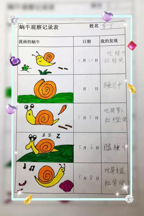 小学低年级孩子对着蜗牛实验记录本皱眉头的实景
