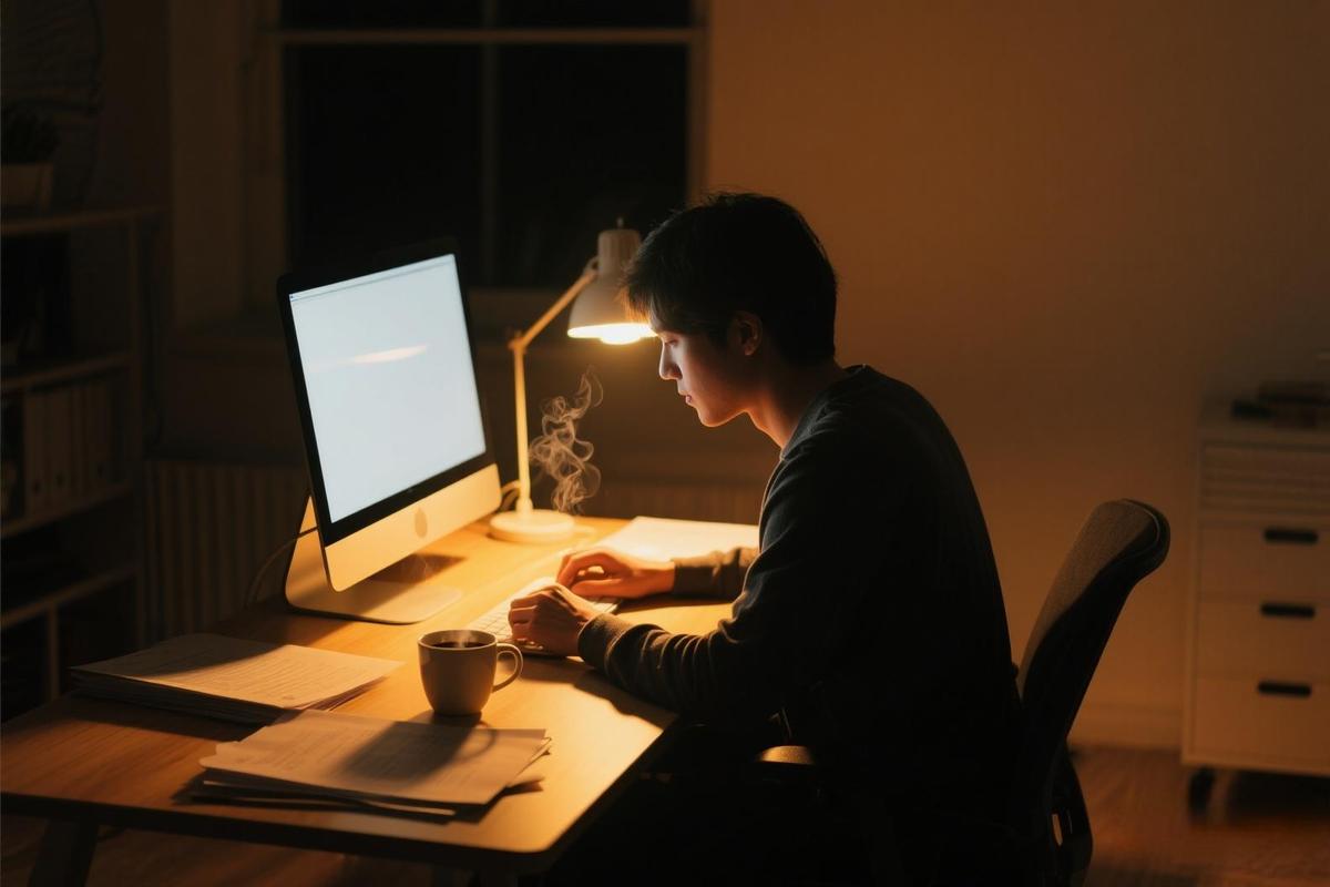 深夜房间里男人独自面对电脑发呆