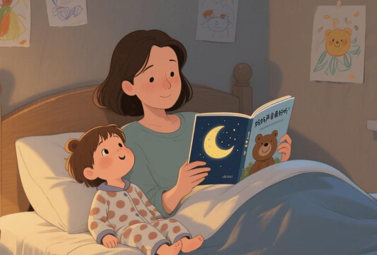 妈妈给幼儿读睡前绘本场景