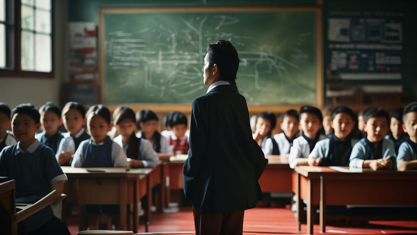 老教师靠讲台安静等待学生思考场景