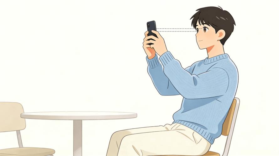 人坐着将手机举至视线平齐高度的日常场景图