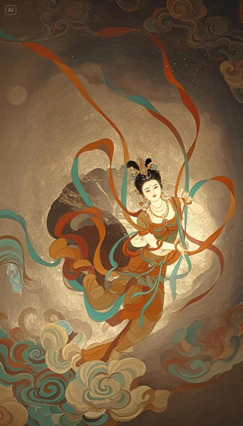 敦煌莫高窟北凉时期飞天壁画