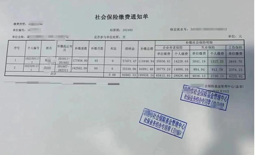 社保补缴费用核算明细单特写
