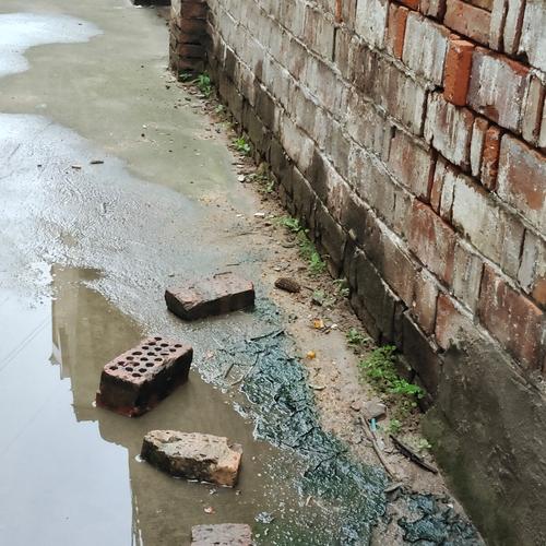 农村宅基地自然排水道被砖块堵塞的实景