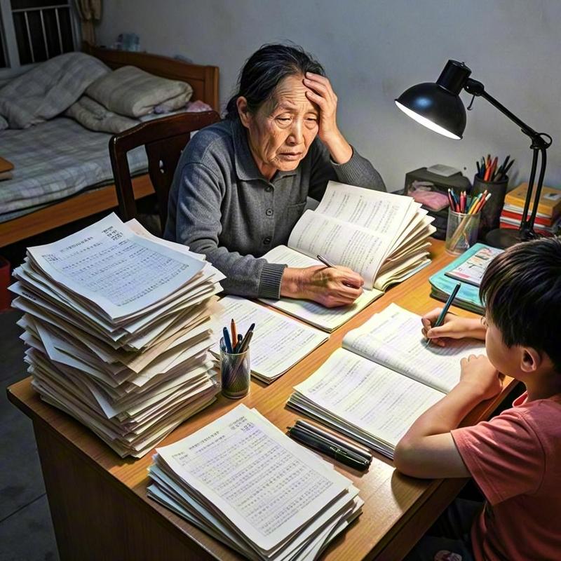 孩子对着满页红叉的默写本哭的书桌场景