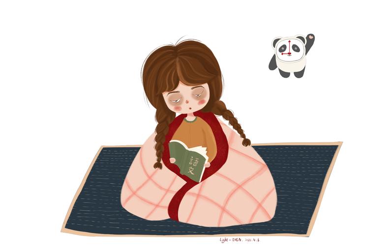 扎羊角辫的小女孩攥着碎花小被子坐在床边发呆的手绘插画
